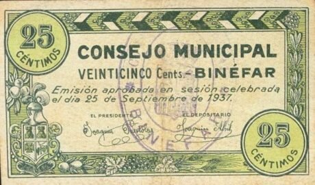 Аверс банкноты 25 сантимов Бинефар (Испания) 1937 года