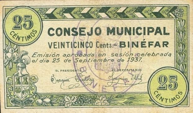 Аверс банкноты 25 сантимов Бинефар (Испания) 1937 года