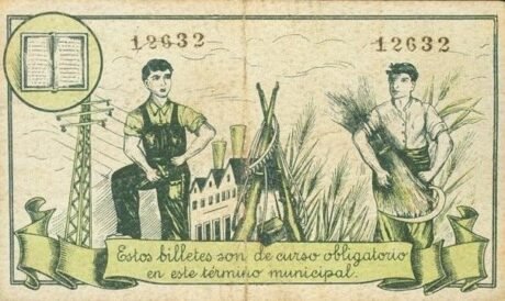 Реверс банкноты 25 сантимов Бинефар (Испания) 1937 года