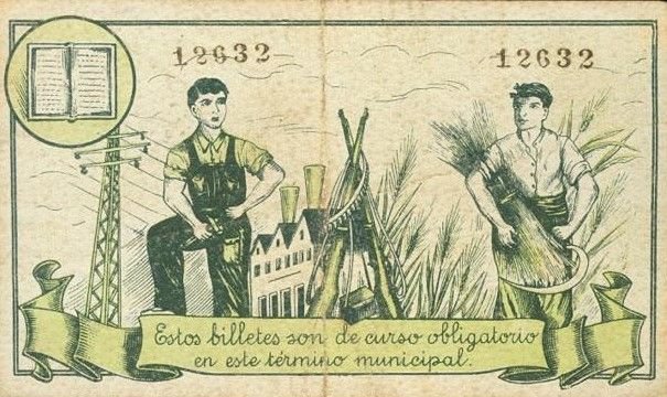 Реверс банкноты 25 сантимов Бинефар (Испания) 1937 года