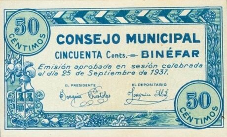 Аверс банкноты 50 centymów Binefar (Hiszpania) 1937