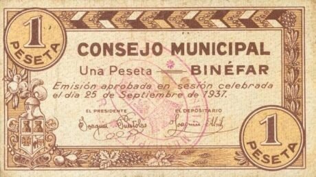 Аверс банкноты 1 peseta binefar (Spain) 1937