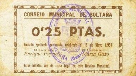 Аверс банкноты 0,25 peset Boltaña (Hiszpania) 1937