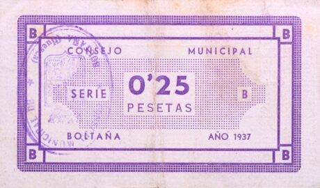 Rewers banknotu 0,25 peset Boltaña (Hiszpania) 1937