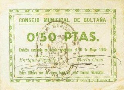 Аверс банкноты 0,50 peset Boltaña (Hiszpania) 1937
