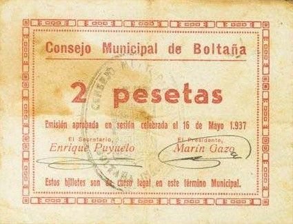 Аверс банкноты 2 песеты Болтанья (Испания) 1937 года