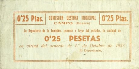 Аверс банкноты 0,25 peset Campo (Hiszpania) 1937