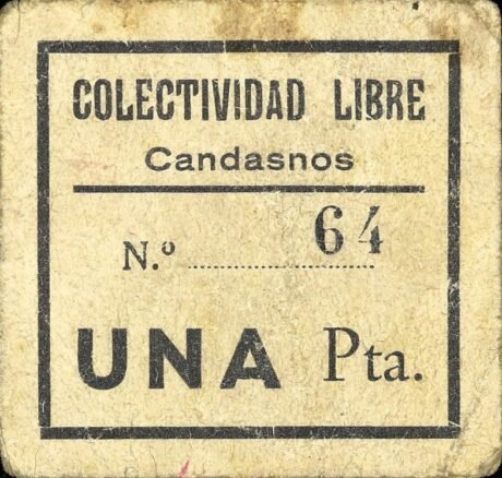 Аверс банкноты 1 peseta Candasnos (Spain)