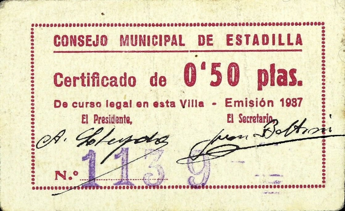 Аверс банкноты 0,50 песетас Эстадилья (Испания) 1937 года