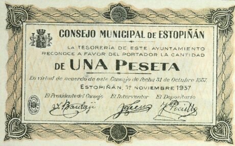 Аверс банкноты 1 Эстопиньянская песета (Испания) 1937 года