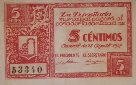 Аверс банкноты 5 сантимов Граус (Испания) 1937 года