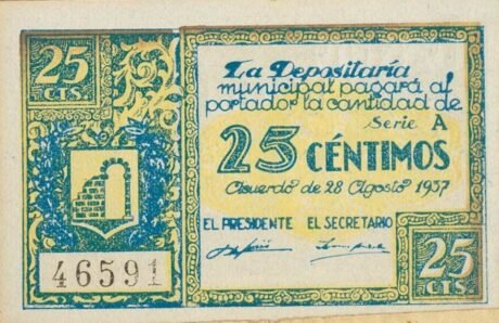 Аверс банкноты 25 centymów Graus (Hiszpania) 1937