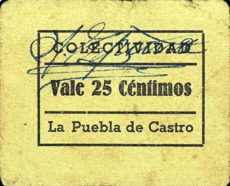 Аверс банкноты 25 сантимов Ла Пуэбла де Кастро (Испания)
