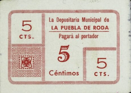 Аверс банкноты 5 centymów La Puebla de Roda (Hiszpania)