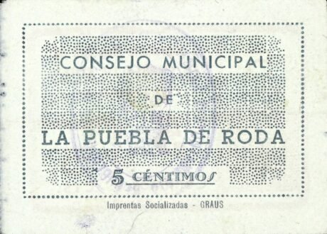 Реверс банкноты 5 centymów La Puebla de Roda (Hiszpania)