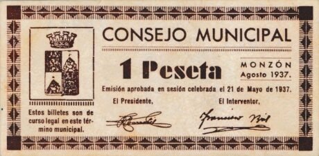 Аверс банкноты 1 peseta Monzón (Spain) 1937