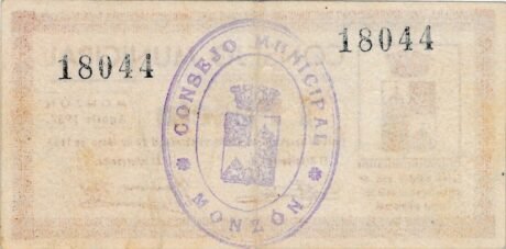 Реверс банкноты 1 peseta Monzón (Spain) 1937