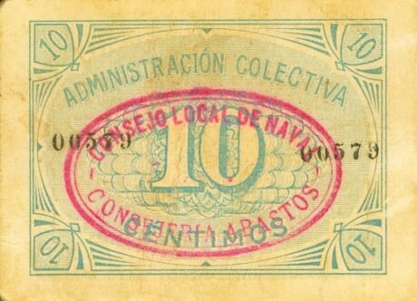 Реверс банкноты 10 сентимо военно-морских сил (Испания)