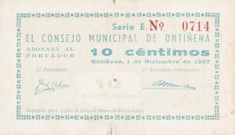 Аверс банкноты 10 сантимов Онтиньена (Испания) 1937 года