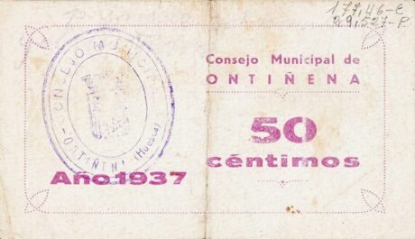 Реверс банкноты 50 сантимов Онтиньена (Испания) 1937 года