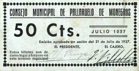 Аверс банкноты 50 сантимов Палларуэло де Монегрос (Испания) 1937 года