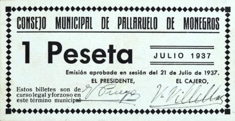 Аверс банкноты 1 песета Палларуэло де Монегрос (Испания) 1937 года