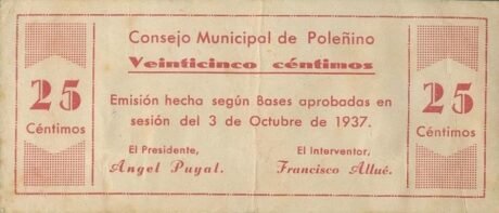 Аверс банкноты 25 centymów Polenino (Hiszpania) 1937