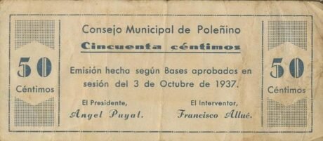 Аверс банкноты 50 сантимов Поленино (Испания) 1937 года