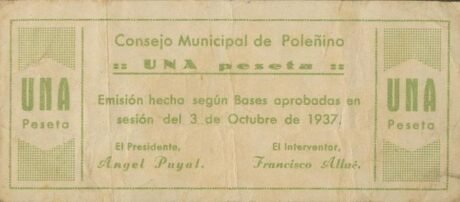 Аверс банкноты 1 peseta Polenino (Spain) 1937