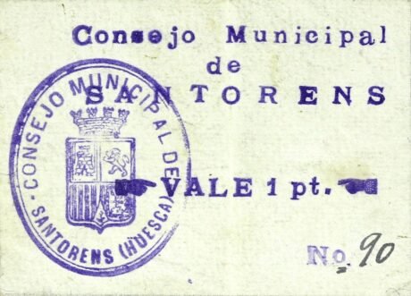 Awers banknotu 1 peseta Santorens (Spain)