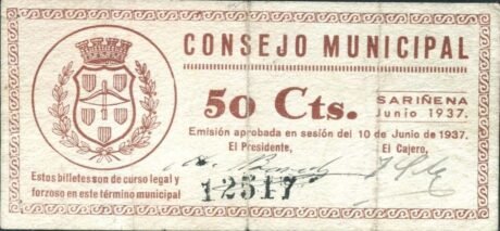 Аверс банкноты 50 centymów Sarinyena (Hiszpania) 1937