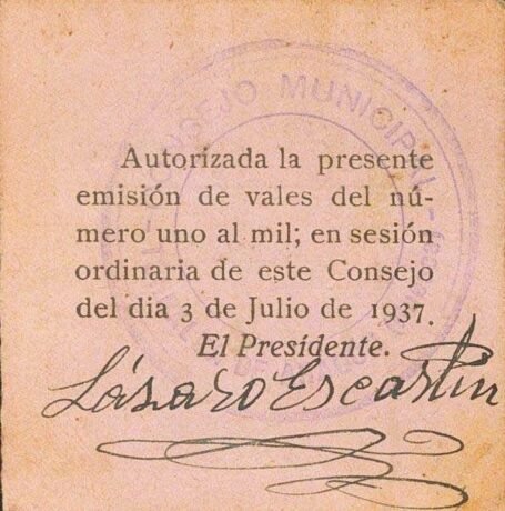 Реверс банкноты 50 сантимов Торральба де Арагон (Испания) 1937 года