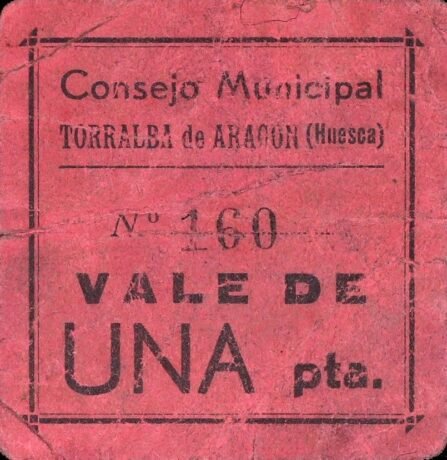 Awers banknotu 1 peseta Torralba de Aragon (Hiszpania) 1937