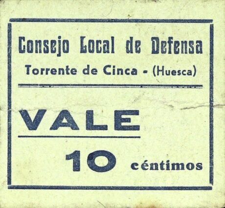 Аверс банкноты 10 centymów Torrente de Cinca (Hiszpania)