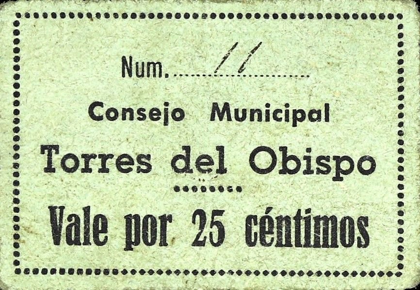 Аверс банкноты 25 сантимов Торрес дель Обиспо (Испания) 1937 года