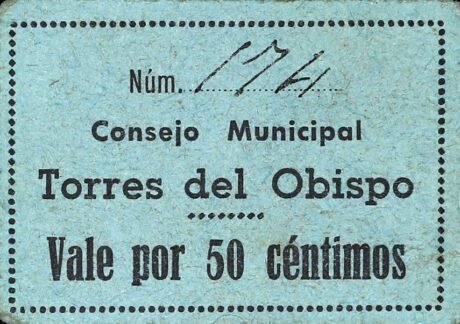 Аверс банкноты 50 centymów Torres del Obispo (Hiszpania) 1937