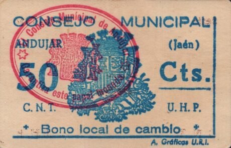 Аверс банкноты 50 сантимов Андухар (Испания) 1937 года