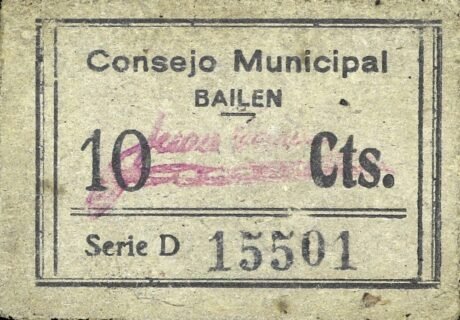 Аверс банкноты 10 сантимов Байлен (Испания)
