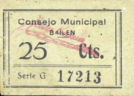Аверс банкноты 25 сантимов Байлен (Испания)