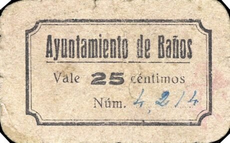 Аверс банкноты 25 centymów Baños (Hiszpania)