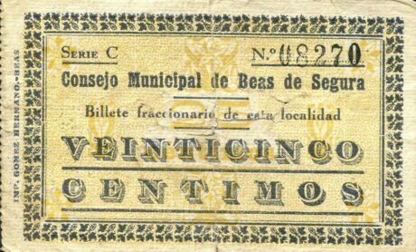 Аверс банкноты 25 centymów Beas de Segura (Hiszpania)