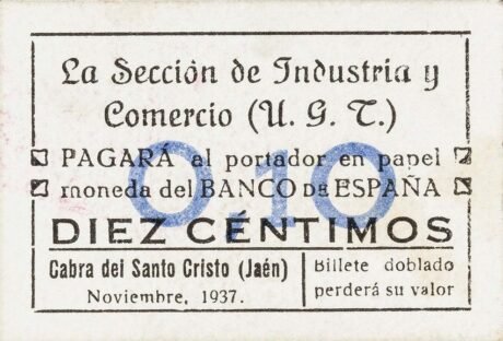 Аверс банкноты 10 centymów Cabra (Hiszpania) 1937