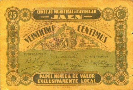 Аверс банкноты 25 сантимов Кастельяр (Испания)