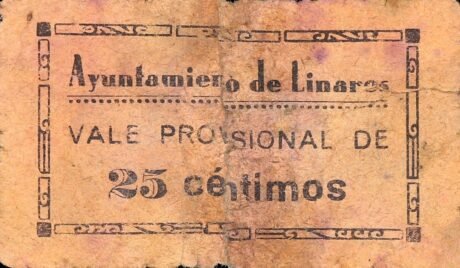 Аверс банкноты 25 centymów Linares (Hiszpania)