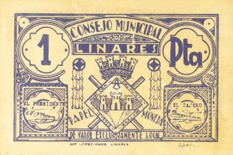 Аверс банкноты 1 песета Линарес (Испания) 1937 года