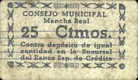 Аверс банкноты 25 centymów Mancha Real (Hiszpania)