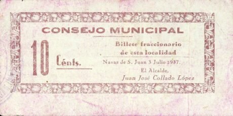 Аверс банкноты 10 centymów Navas de San Juan (Hiszpania) 1937