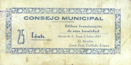 Аверс банкноты 25 centymów Navas de San Juan (Hiszpania) 1937