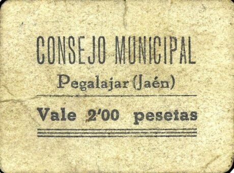 Аверс банкноты 2 pesetas Pegalajar (Spain)