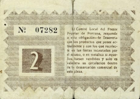 Реверс банкноты 2 песеты поркуны (Испания) 1936 года